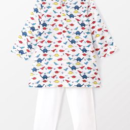 Babyhug 100% Cotton Woven Kurta & Pyjama Set With Dino Print - White-image-40