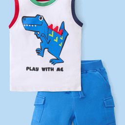 Babyhug Single Jersey Knit Sleeveless T-Shirt & Shorts Set Dino Print - White & Blue-picture-5