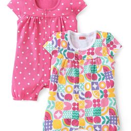 Babyhug 100% Cotton Knit Half Sleeves Romper Polka Dot Print Pack of 2 - Multicolor-image-81