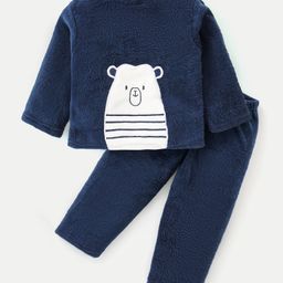 Babyhug Velour Knit Full Sleeves Winter Night Suit With Bear Design - Navy-image-87