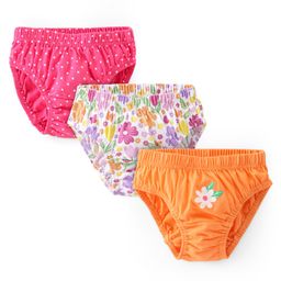 Babyhug 100% Cotton Knit Antibacterial Panties with Floral & Polka Dots Print Pack of 3 - White Pink & Orange-image-36