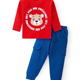 Babyhug Cotton Knit Full Sleeves T-Shirt & Lounge Pants Set With Bear Print - Red & Blue-image-66