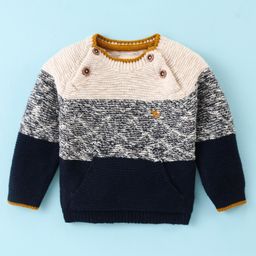Yellow Apple Knitted Full Raglan  Sleeves Pullover Sweater with Kangaroo Pocket - Navy Blue-image-60