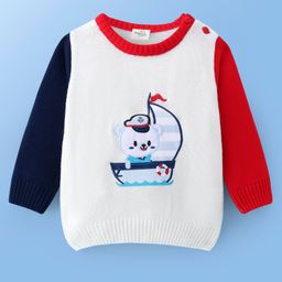 Doodle Poodle Knitted Full Sleeves Pullover Sweater With Bear Patch Detailing - White-picture-24