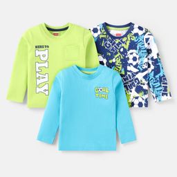 Babyhug Cotton Knit Full Sleeves T-Shirts with Text Print & Football Graphics Pack of 3 - Blue & Light Green-image-82