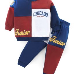 Babyhug Cotton Knit Full Sleeves Color Block T-Shirt & Lounge Pants Set With Text Print - Multicolor-96