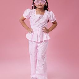 MASTARANG Half Puffed Sleeves Abstract Foil Printed Coordinating Top & Pant Set - Pink-image-23