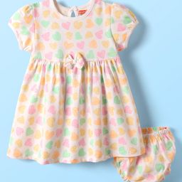 Babyhug Single Jersey Knit Half Sleeves Hearts Printed Frock with Bloomer & Bow Applique - Ivory-image-49