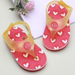 Babyoye Velcro Closure Flip Flops With Hearts Print - Red & Yellow.-image-1
