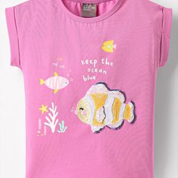 Little Kangaroos Cotton Knit Half Sleeves Top with Sea Life Print & Sequin Detailing - Pink-image-43