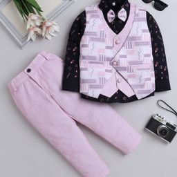 Fourfolds Cotton Full Sleeves Chevron Printed 3 Piece Party Suit Set With Bow - Pink-picture-6