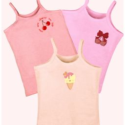 Kiddopanti Cotton Pack Of 3 Sleeveless Cherry & Ice Cream Printed Camisoles - Dark & Baby Pink-image-95