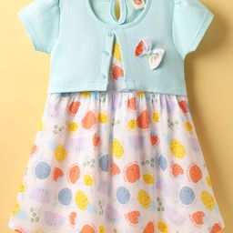 Dew Drops Cotton Knit Half Sleeves Frock with Fruits Print & Bow Applique - Aqua Blue-image-38