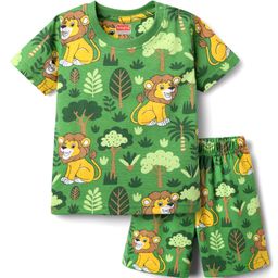 Babyhug Cotton Knit Half Sleeves Co-ords Shorts Night Suit With Lion Print - Green-image-99