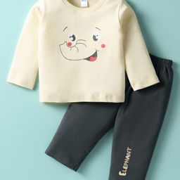 Tango Interlock Knit Full Sleeves T-Shirt & Lounge Pant Set With Elephant Print - Off White-image-67