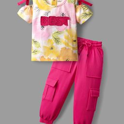 OLLINGTON ST. Cotton Knit Half Sleeves Best Text Printed Top & Joggers Set - Yellow & Neon Pink-image-50