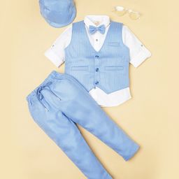 Rikidoos Full Sleeves Abstract Printed 3 Piece Party Suit Set With Bow & Cap - Sky Blue-image-66