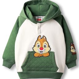 Babyhug Disney Terry Knit Full Raglan Sleeves Hooded Sweatshirt with Chip n Dale Patch Detailing & Kangaroo Pocket - Green & White-picture-5