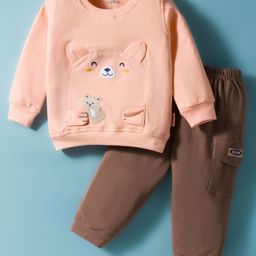 Child World Interlock Knit Full Sleeves T-Shirt and Trouser Set With Bear Applique - Peach & Bown-picture-27