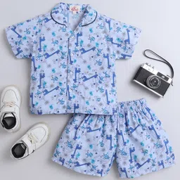 The Magic Wand Cotton Woven Half Sleeves Animals Printed Coordinating Shirt & Shorts Night Set - Blue-picture-35