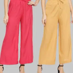 TWIN BIRDS Pink & Beige Mid Rise Palazzos - Pack Of 2-image-87
