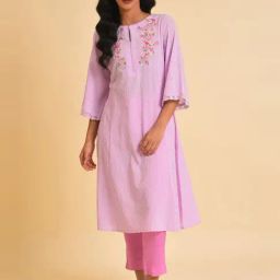 W Purple Cotton Embroidered A Line Kurta-image-53