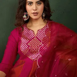 Sangria Pink Embroidered Yoke Design Mirror Work  A-Line Kurta With Trousers & Dupatta-39