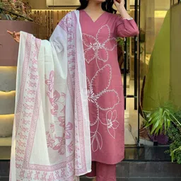 KALINI Floral Embroidered Regular V-Neck Straight Kurta With Trousers And Dupatta-31