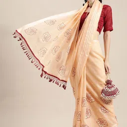 Anouk Rustic Woven Design Floral Print Pure Linen Block Print Saree-51