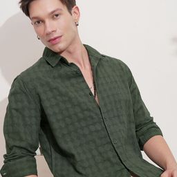 HIGHLANDER Men Slim Fit Textured Spread Collar Cotton Casual Shirt-picture-47