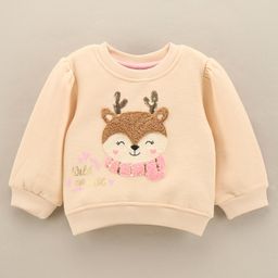 Little Kangaroos Full Sleeves Sweatshirt Reindeer Applique & Glitter Text Print - Cream-image-99