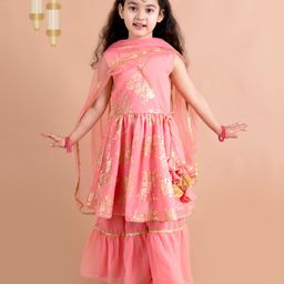 Pspeaches Sleeveless Floral Foil Printed Anarkali Kurta & Sharara With Dupatta - Peach-image-75