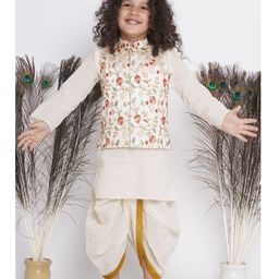Little Bansi Full Sleeves Solid Kantha Kurta & Kantha Dhoti With Seamless Sequin Detailed Floral Swirl Embroidered Banarasi Silk Jacket - Cream-image-63