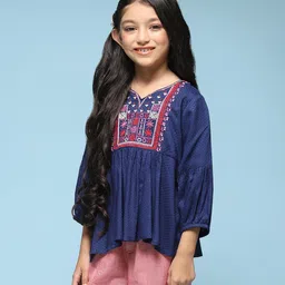 BIBA Three Fourth Sleeves Viscose A-Line Floral Embroidered Top - Blue-picture-19