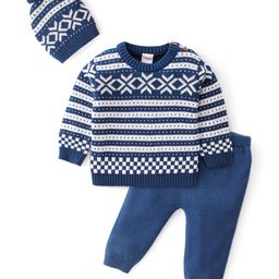 Babyhug Knit Full Sleeves Intarsia Baby Sweater Set with Cap - Navy-picture-13