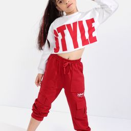 Ollington St. Winterwear Set of Cotton Full Sleeves Text Print Crop Sweatshirt & Cargo Joggers - White & Red-picture-13