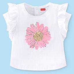 Babyhug Cotton Frilled Half Sleeves T-Shirt With Floral Sequins  - White-image-3