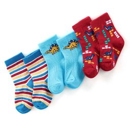 Cute Walk By Babyhug Anti-Bacterial Ankle Length Socks Stripes & Dino Design Pack Of 3 - Multicolor-image-45