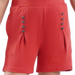 Honeyhap Premium 100% Cotton Looper Knit Above Knee Length Shorts with Bio Finish & Buttons Embellishment - Red-image-13