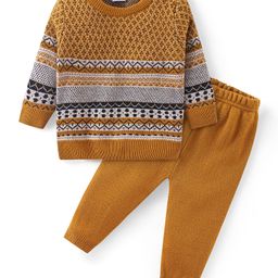 Babyhug Knit Full Sleeves Sweater Set with Aztec Design- Mustard-image-1