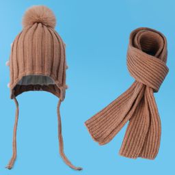 Pine Kids Woolen Cap & Muffler Set with Pom Pom - Brown-picture-17