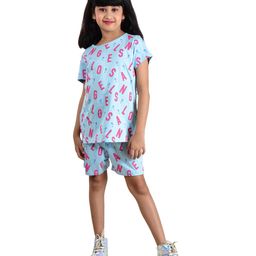 Clothe Funn Knit Half Sleeves Alphabets Printed Tee & Shorts Set - Sky Blue-image-62