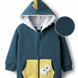 Kookie Kids Fleece Knit Full Sleeves Sweatjacket With Spikes Hood & Kangaroo Pocket Detailing - Navy Blue & Yellow-image-40