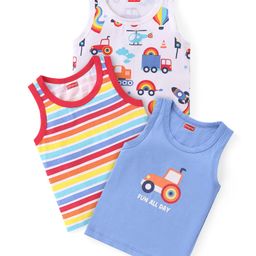 Babyhug 100% Cotton Single Jersey Knit Sleeveless Sandos with Stripes & Vehicle Print Pack of 3 - White & Blue-image-18