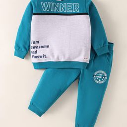Kookie Kids Terry Knit Full Sleeves Winter Wear T-Shirt & Lounge Pant Set With Text Print - Teal Blue-image-68