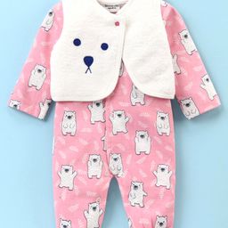 Wonderchild Full Sleeves Polar Bear Printed Romper With Textured Jacket - Pink-image-73