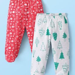 Doodle Poodle Interlock Knit Full Length Footed  Diaper Legging with Forest Theme Print Pack of 2 - Red & Grey-image-32