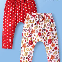 Babyoye Interlock Knit Full Length Diaper Leggings With Floral & Polka Dot Print & Bow Applique Pack of 2 - Red & White-image-89