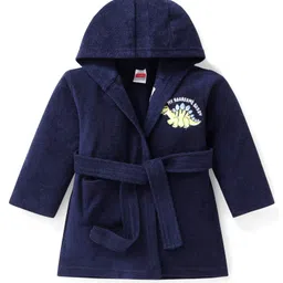 Babyhug Terry Knit Full Sleeve Hooded Bathrobe with Elastic at Waist & Dino Patch - Navy Blue-picture-22
