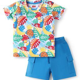 Babyhug Single Jersey Knit Half Sleeves T-Shirt & Shorts Set Toucan Print- White & Blue-image-55